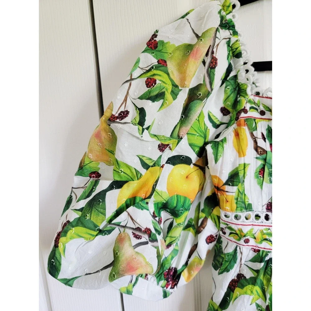 Farm Rio Women's Puff Sleeve Lace Up Back Fruit Orchard Blouse XS NWT‎ RV $165